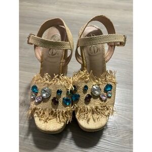 Exe Raffia Wedge Sandals Bejeweled Fringe Platform Ankle Strap‎ Tan Multi 36